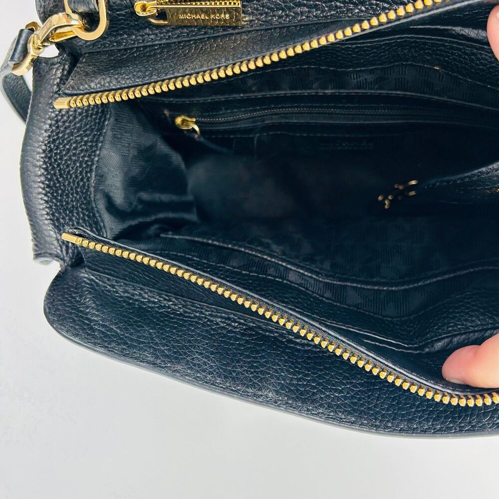Michael Kors Black Pebbled Leather Handbag Crossbody Satchel Tote Gold Hardware - Picture 12 of 15
